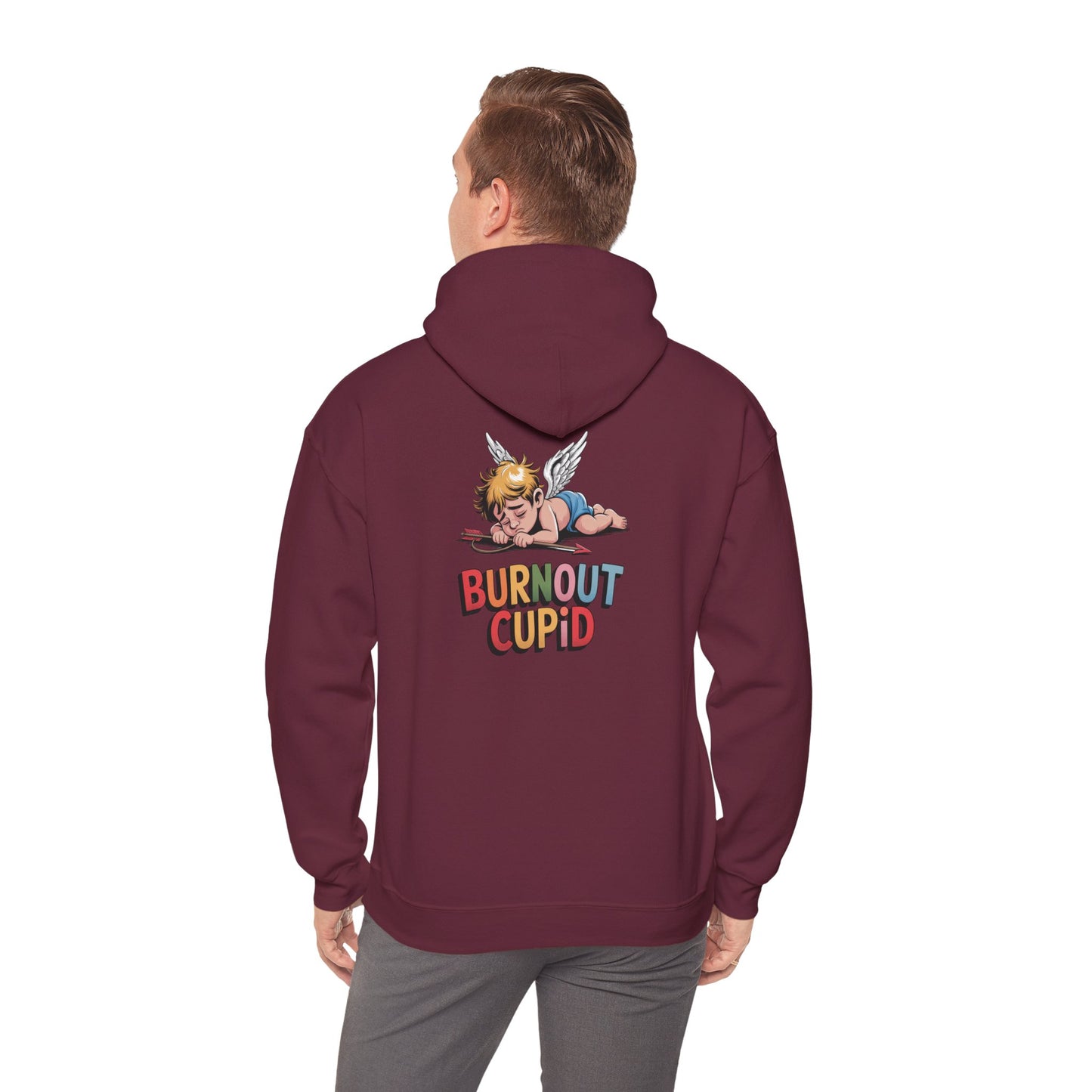 Burnout Cupid Hoodie — Cute Tired Cupid Graphic Pullover