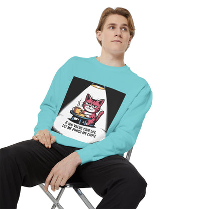 Lustiges Katzen-Sweatshirt – „Wenn dir dein Leben lieb ist, lass mich meinen Kaffee austrinken“ – Kuscheliger Pullover mit Grafikprint