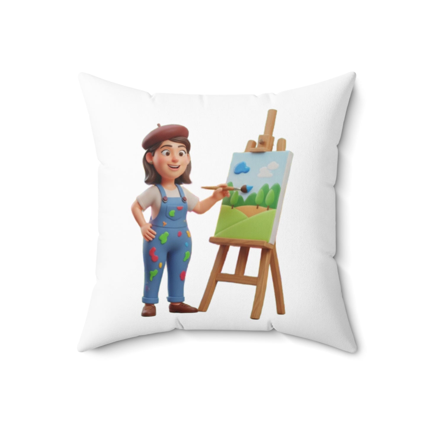 Artist Painting Pillow — Cute Painter Illustration Square Throw Pillow