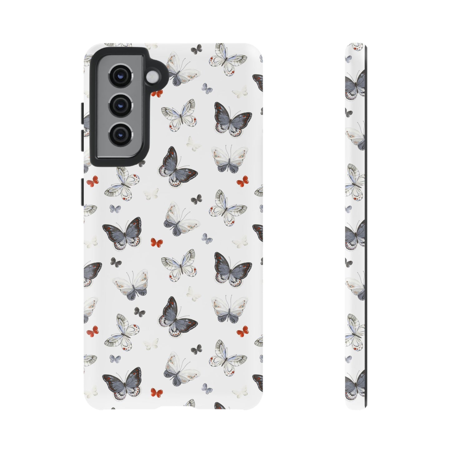 Funda para Samsung con diseño de mariposas: elegante funda protectora monocromática con detalles en rojo
