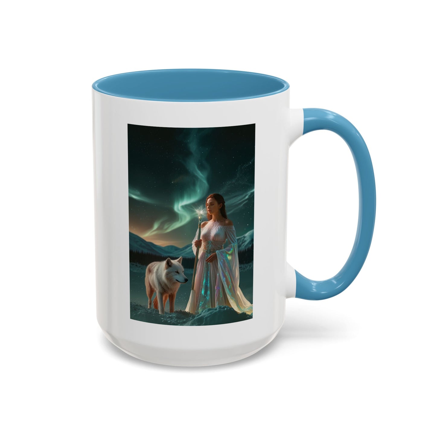 Taza de café Aurora Guardiana — Arte fantástico de mujer con lobo