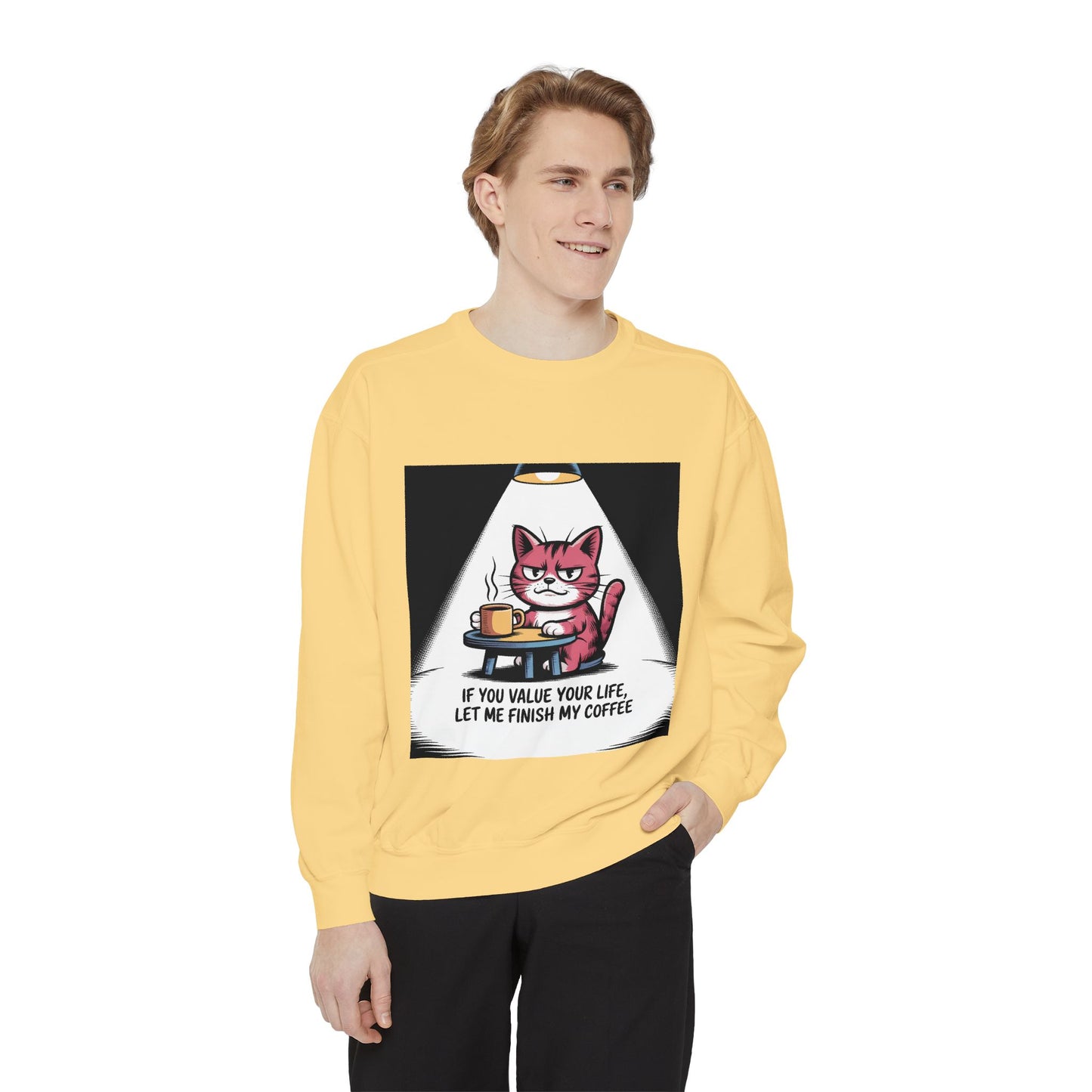 Lustiges Katzen-Sweatshirt – „Wenn dir dein Leben lieb ist, lass mich meinen Kaffee austrinken“ – Kuscheliger Pullover mit Grafikprint