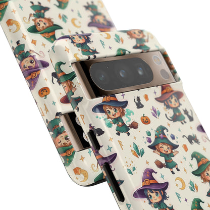 Google Phone - Cute Halloween Witch Phone Case – Cartoon Witches, Black Cats & Pumpkins