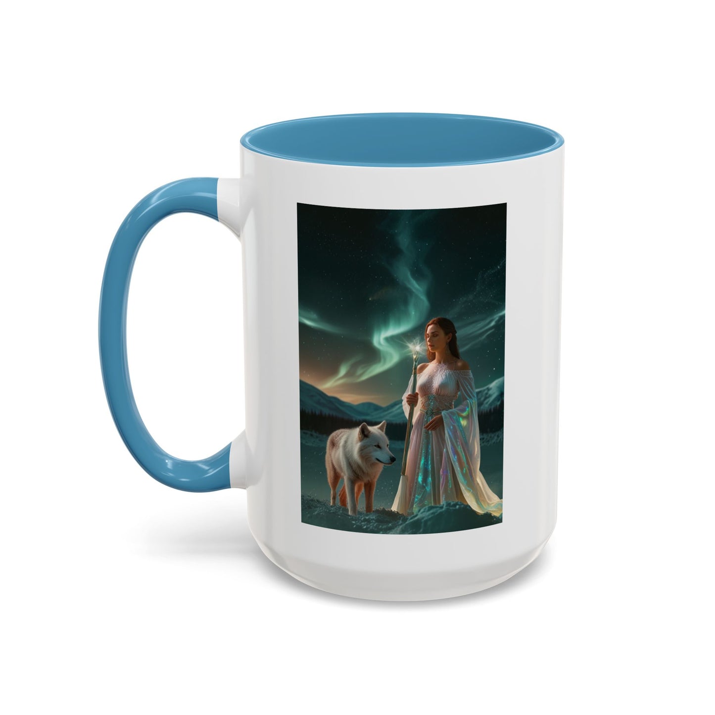 Taza de café Aurora Guardiana — Arte fantástico de mujer con lobo