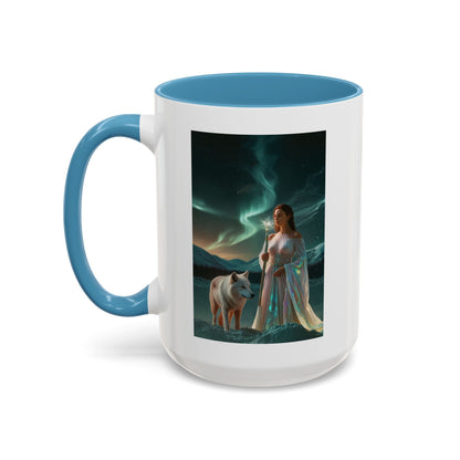 Taza de café Aurora Guardiana — Arte fantástico de mujer con lobo