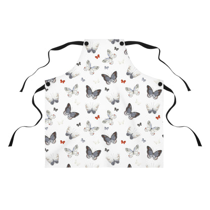 Schürze mit Schmetterlingsmuster – Zarte graue und orangefarbene Schmetterlinge, leichte Küchenschürze