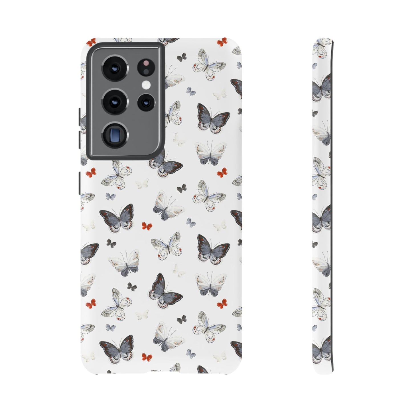 Funda para Samsung con diseño de mariposas: elegante funda protectora monocromática con detalles en rojo