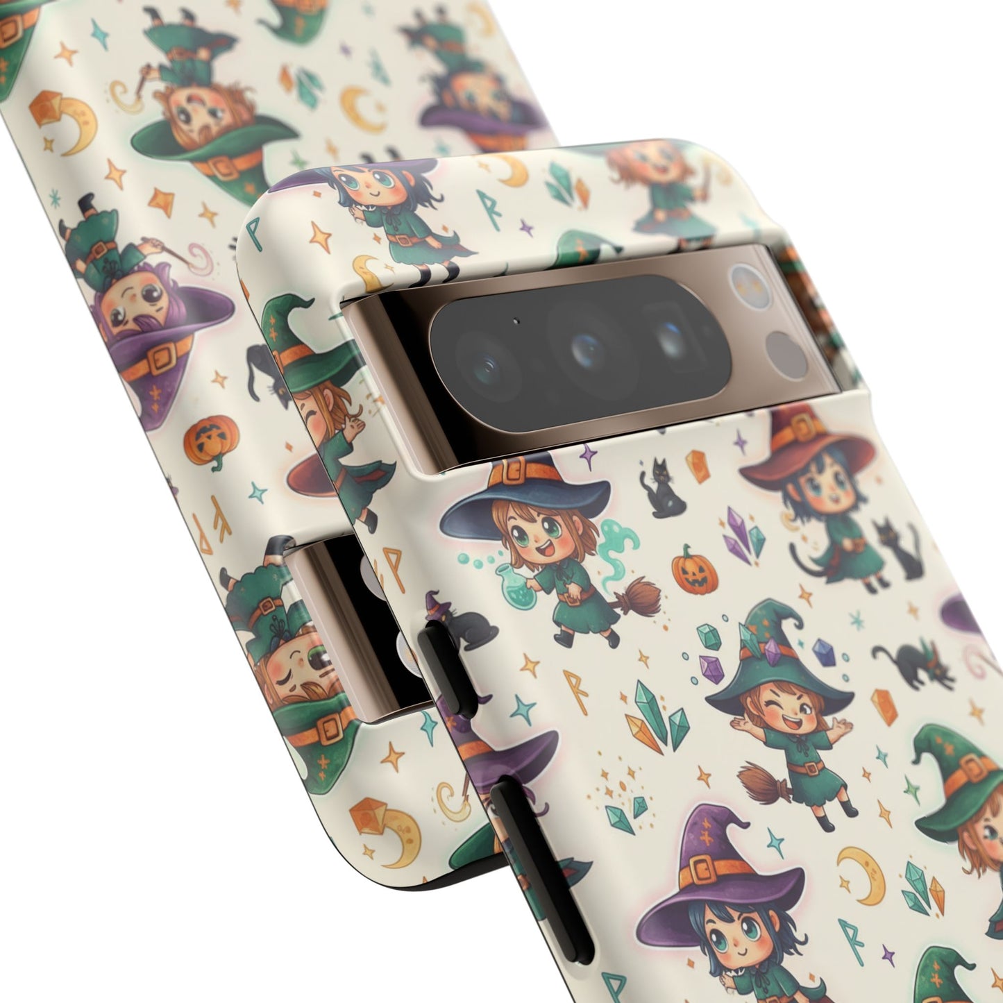 Google Phone - Cute Halloween Witch Phone Case – Cartoon Witches, Black Cats & Pumpkins