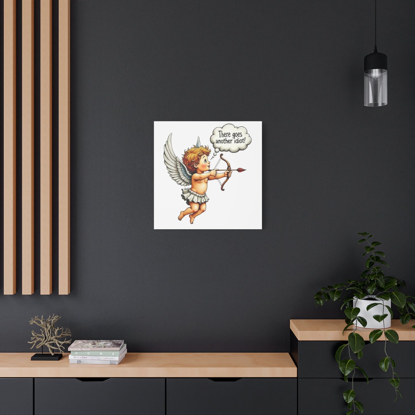 Funny Cupid Canvas Wall Art – 'There Goes Another Idiot!' Stretched Matte Canvas