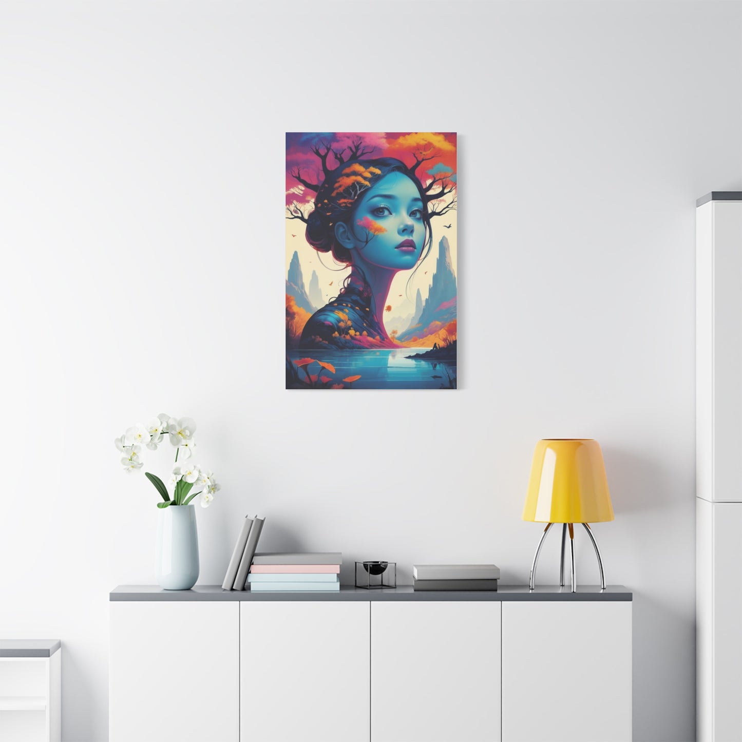 Surreal Blue Muse Matte Stretched Canvas Art — Dreamscape Portrait Wall Decor