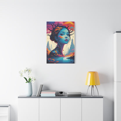 Surreal Blue Muse Matte Stretched Canvas Art — Dreamscape Portrait Wall Decor