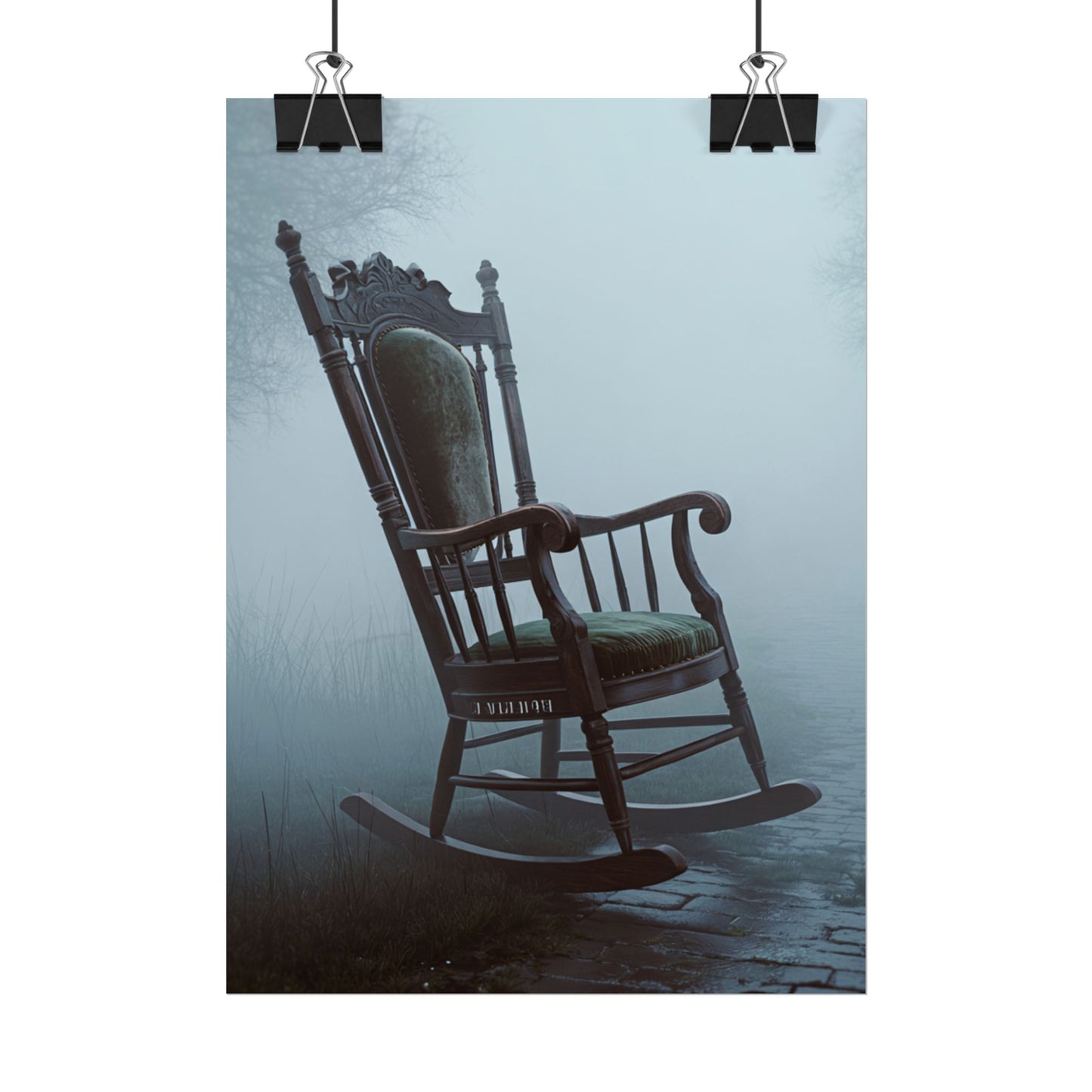 Vintage-Schaukelstuhl-Poster – Stimmungsvolles, nebliges Cottage-Wandbild (gerolltes Poster)