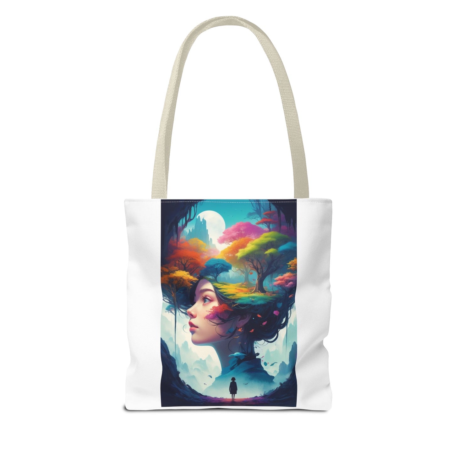 Surreale Traumlandschaft-Tragetasche – Bunte Frau &amp; Waldmotiv