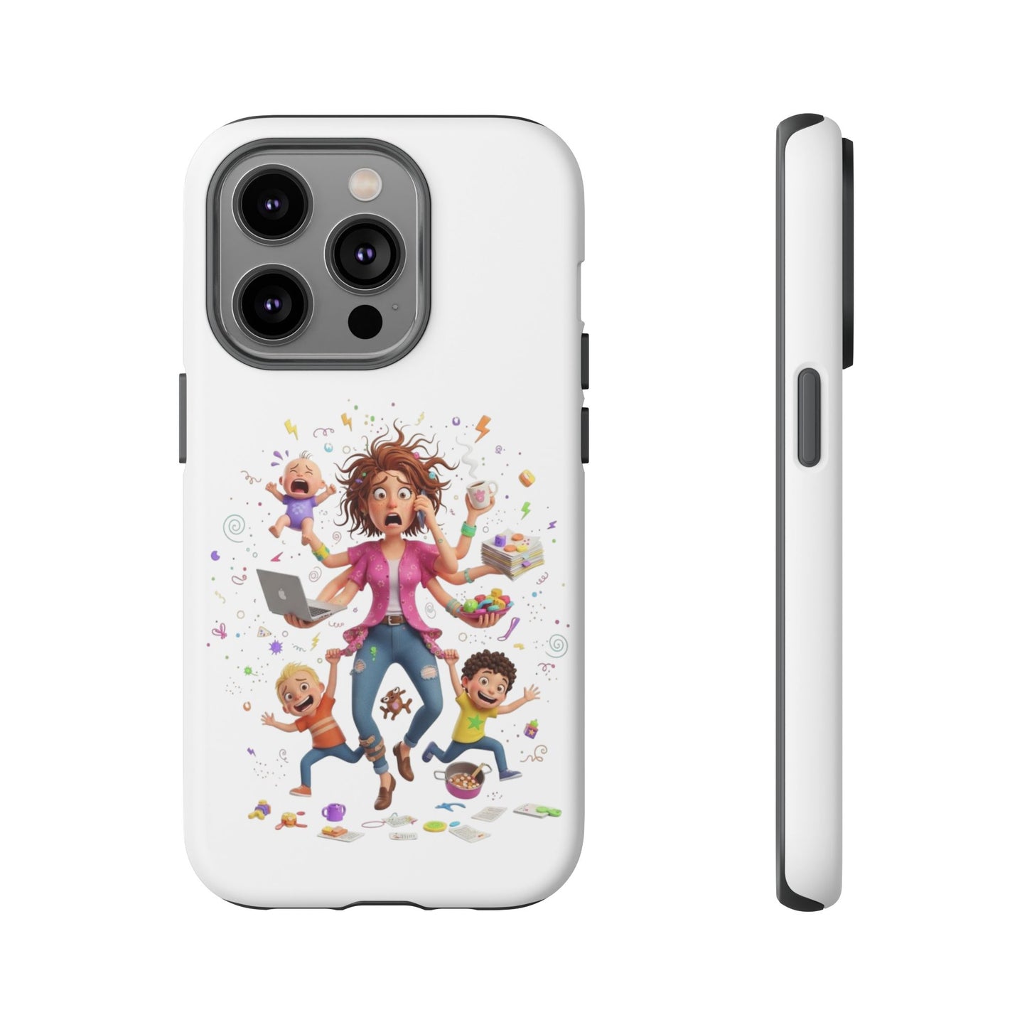 iPhone Phone Case — Hectic Mom Cartoon Design (Multitasking Mother, Kids & Chaos)