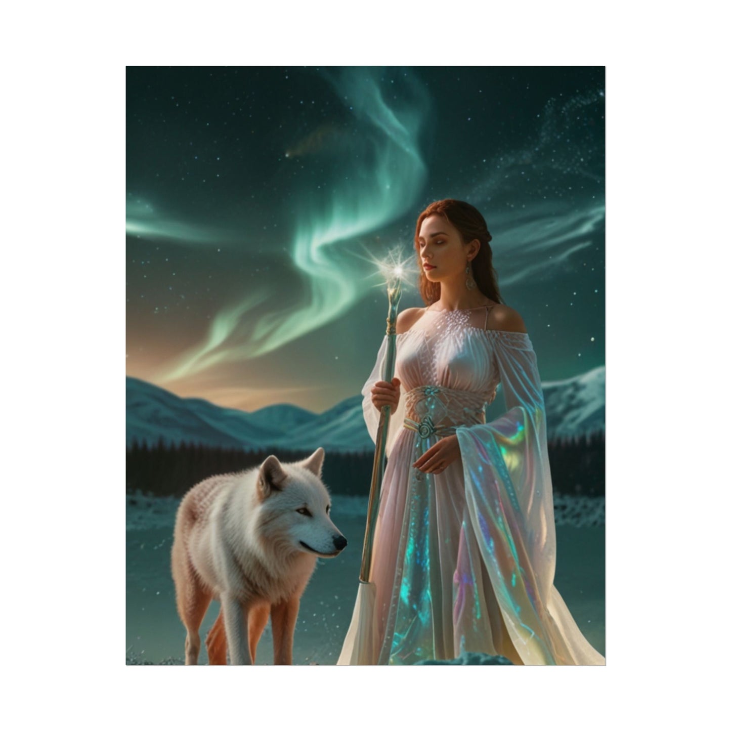 Aurora Guardian Poster – Fantasy-Frau mit weißem Wolf (Wandbild)
