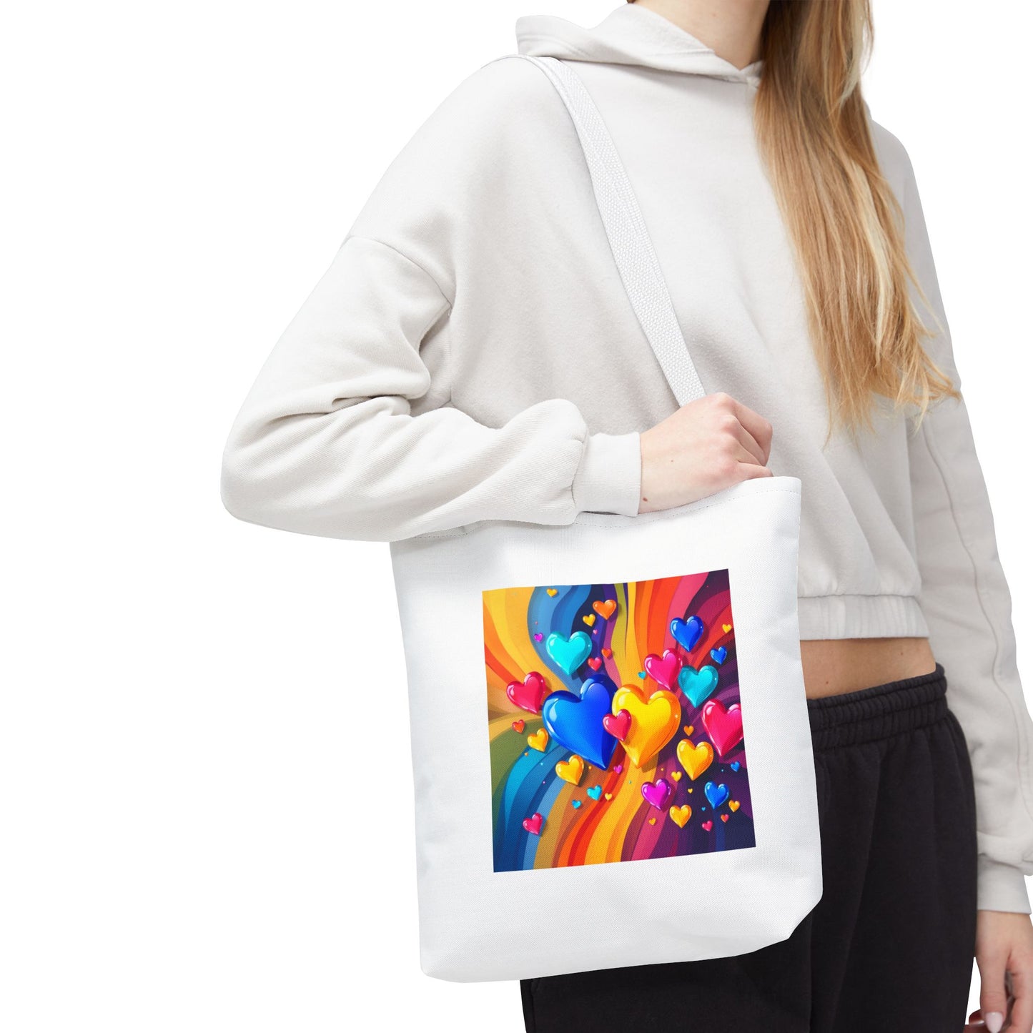 Colorful Heart Burst Tote Bag — Rainbow Love All-Over Print