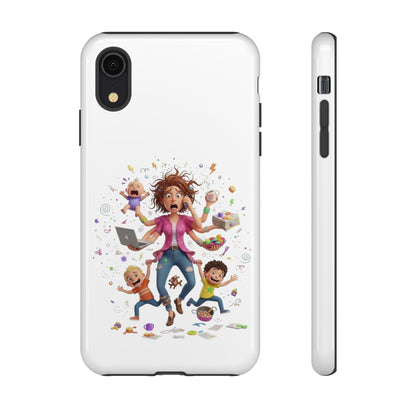 iPhone Phone Case — Hectic Mom Cartoon Design (Multitasking Mother, Kids & Chaos)