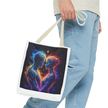 Cosmic Lovers Tote Bag — Neon Fire & Ice Couple Art AOP Tote