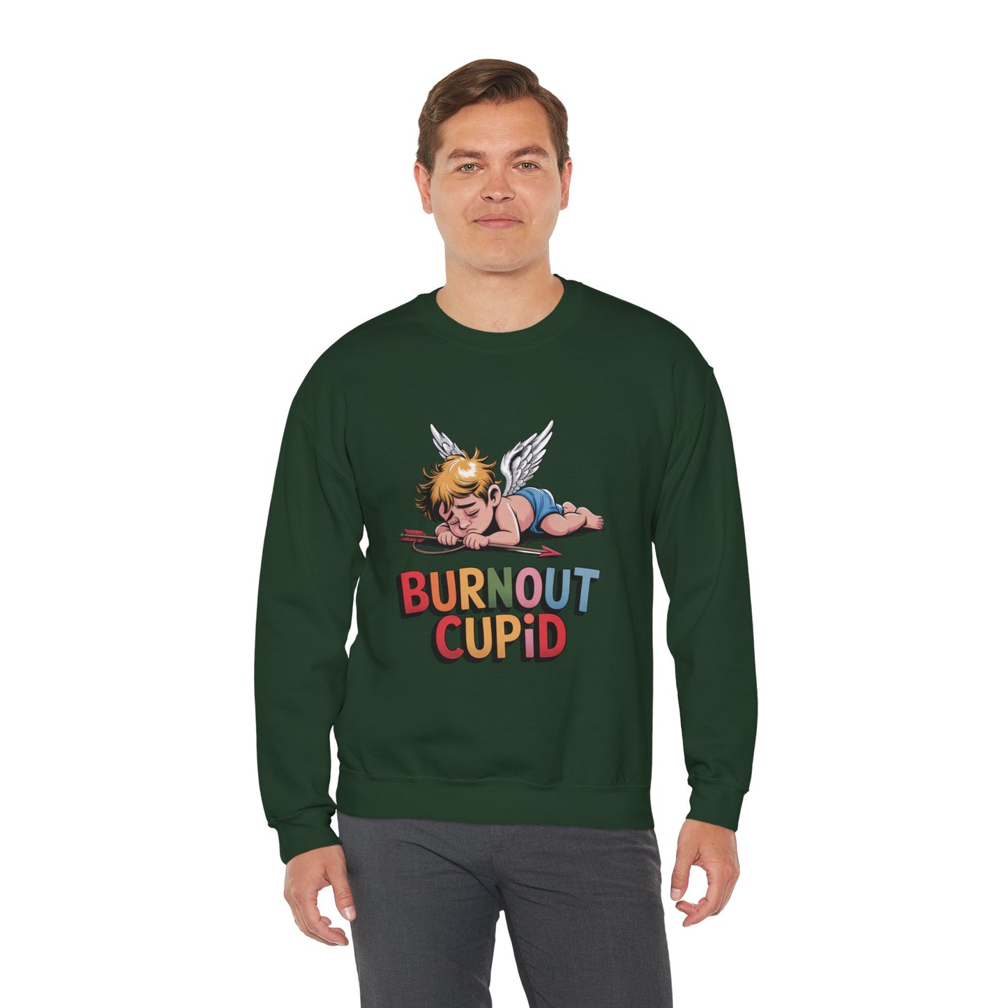 Burnout Cupid Sweatshirt — Tired Cupid Graphic Crewneck for Valentine’s Day