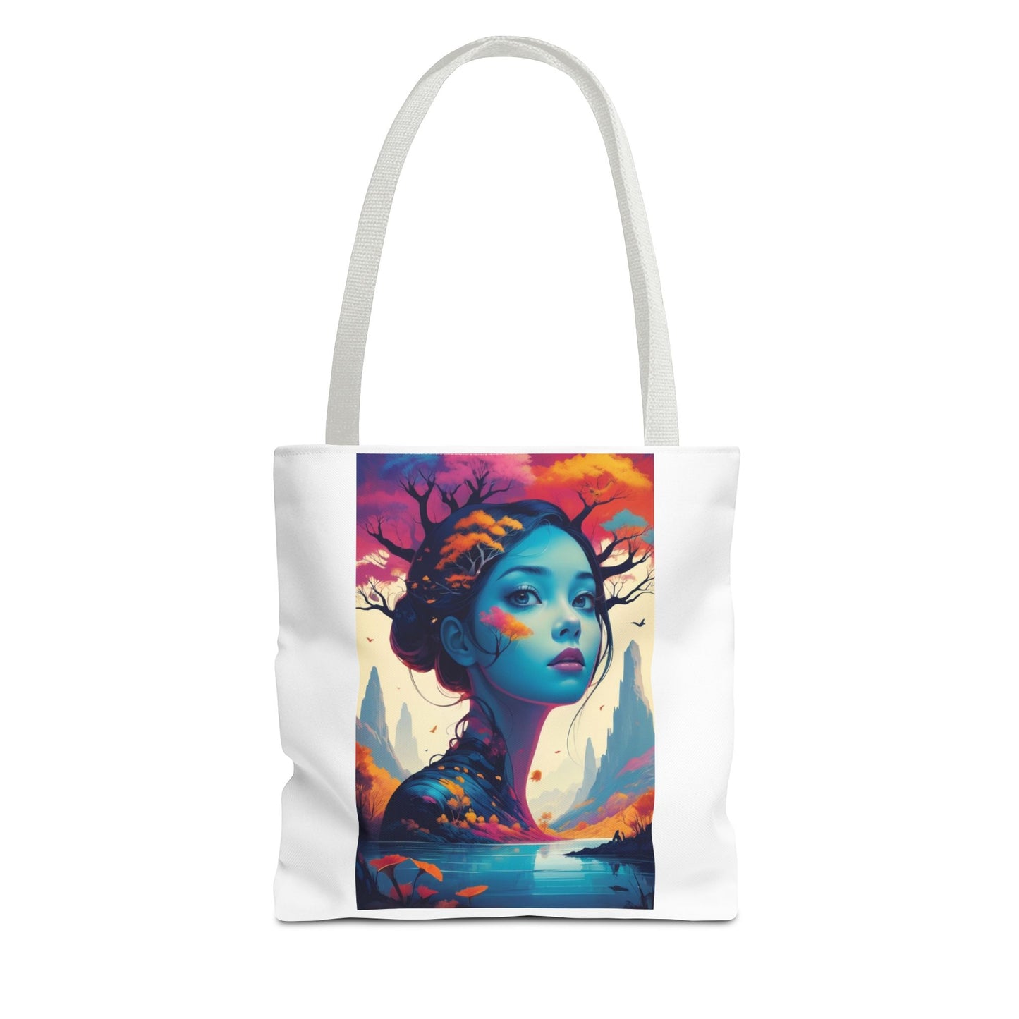 Artistic Blue Forest Maiden Tote Bag - Surreal Portrait All-Over Print