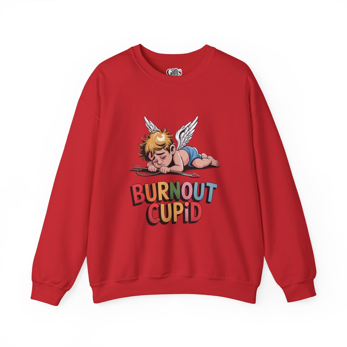 Burnout Cupid Sweatshirt — Tired Cupid Graphic Crewneck for Valentine’s Day