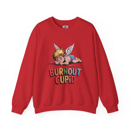 Burnout Cupid Sweatshirt — Tired Cupid Graphic Crewneck for Valentine’s Day