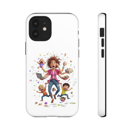 iPhone Phone Case — Hectic Mom Cartoon Design (Multitasking Mother, Kids & Chaos)
