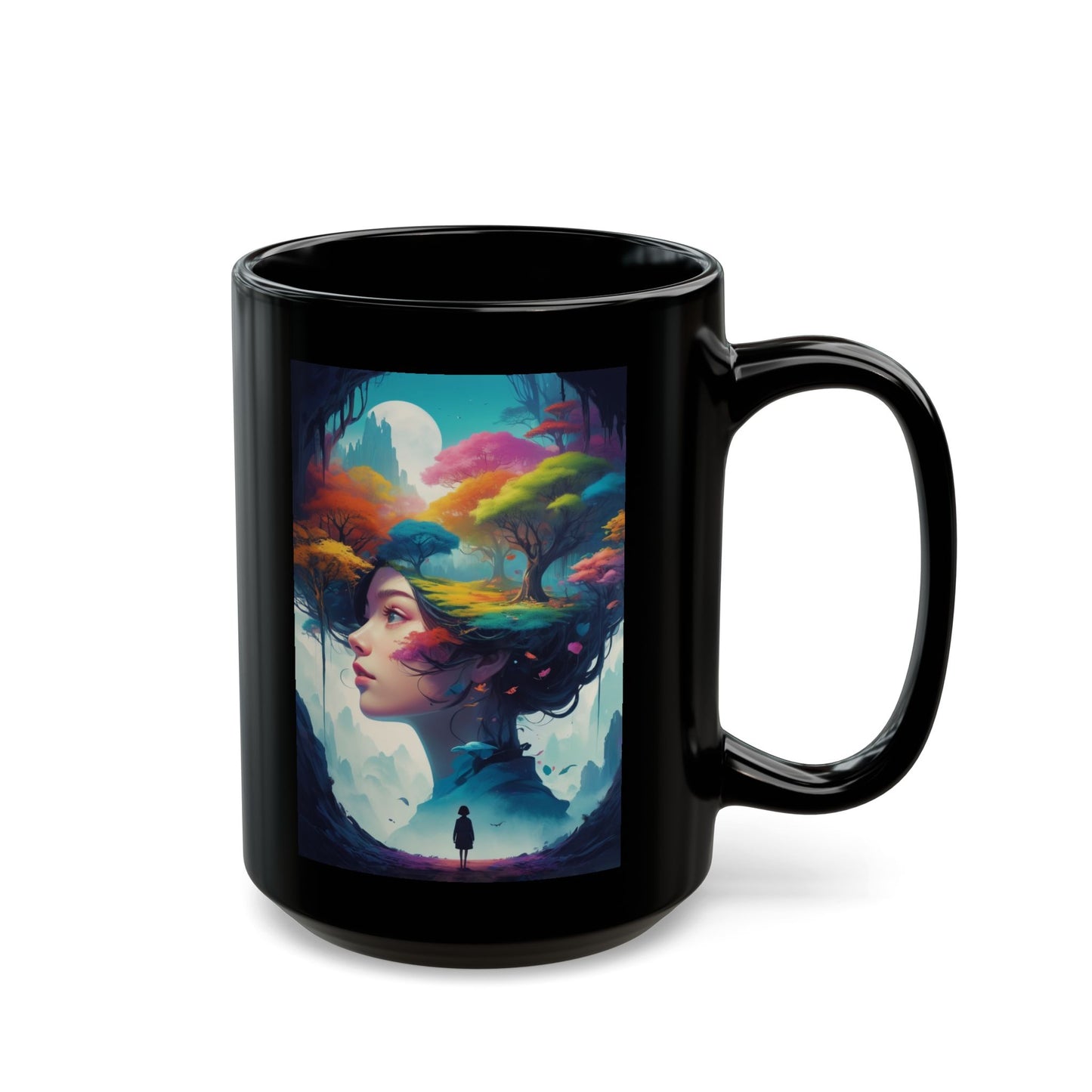 Dreamscape Art Mug — Surreal Woman & Colorful Forest Illustration (11oz/15oz)