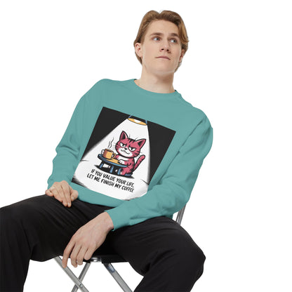 Lustiges Katzen-Sweatshirt – „Wenn dir dein Leben lieb ist, lass mich meinen Kaffee austrinken“ – Kuscheliger Pullover mit Grafikprint