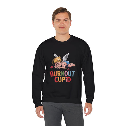 Burnout Cupid Sweatshirt — Tired Cupid Graphic Crewneck for Valentine’s Day