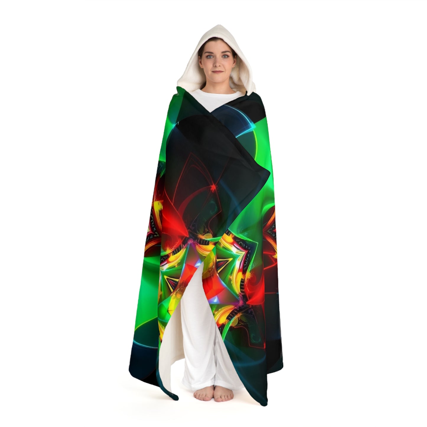 Hooded Sherpa Blanket — Neon Abstract Galaxy Print Cozy Throw