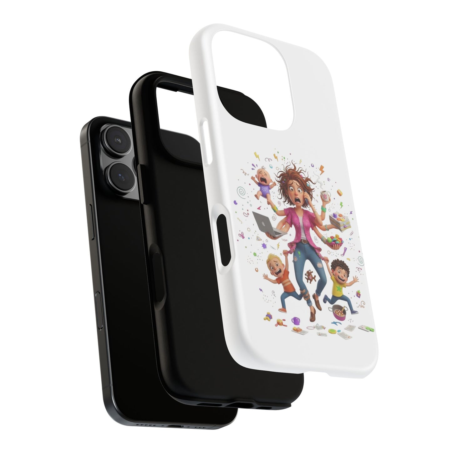 iPhone Phone Case — Hectic Mom Cartoon Design (Multitasking Mother, Kids & Chaos)