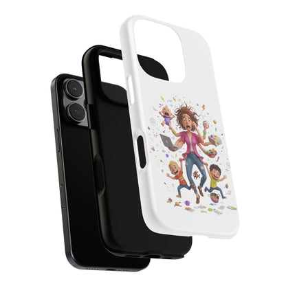 iPhone Phone Case — Hectic Mom Cartoon Design (Multitasking Mother, Kids & Chaos)