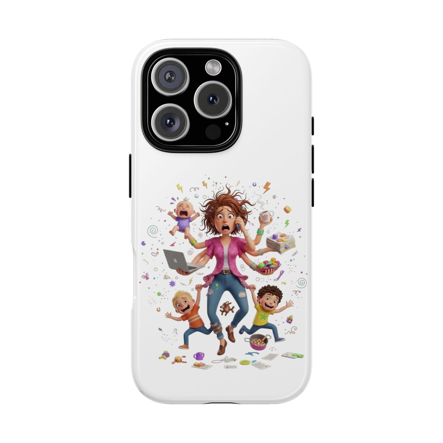 iPhone Phone Case — Hectic Mom Cartoon Design (Multitasking Mother, Kids & Chaos)