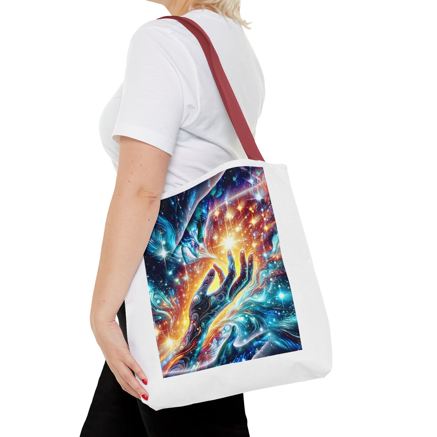 Cosmic Hands Tote Bag — Vibrant Galaxy Art Tote for Everyday, Beach & Gifts