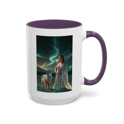 Taza de café Aurora Guardiana — Arte fantástico de mujer con lobo