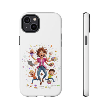 iPhone Phone Case — Hectic Mom Cartoon Design (Multitasking Mother, Kids & Chaos)