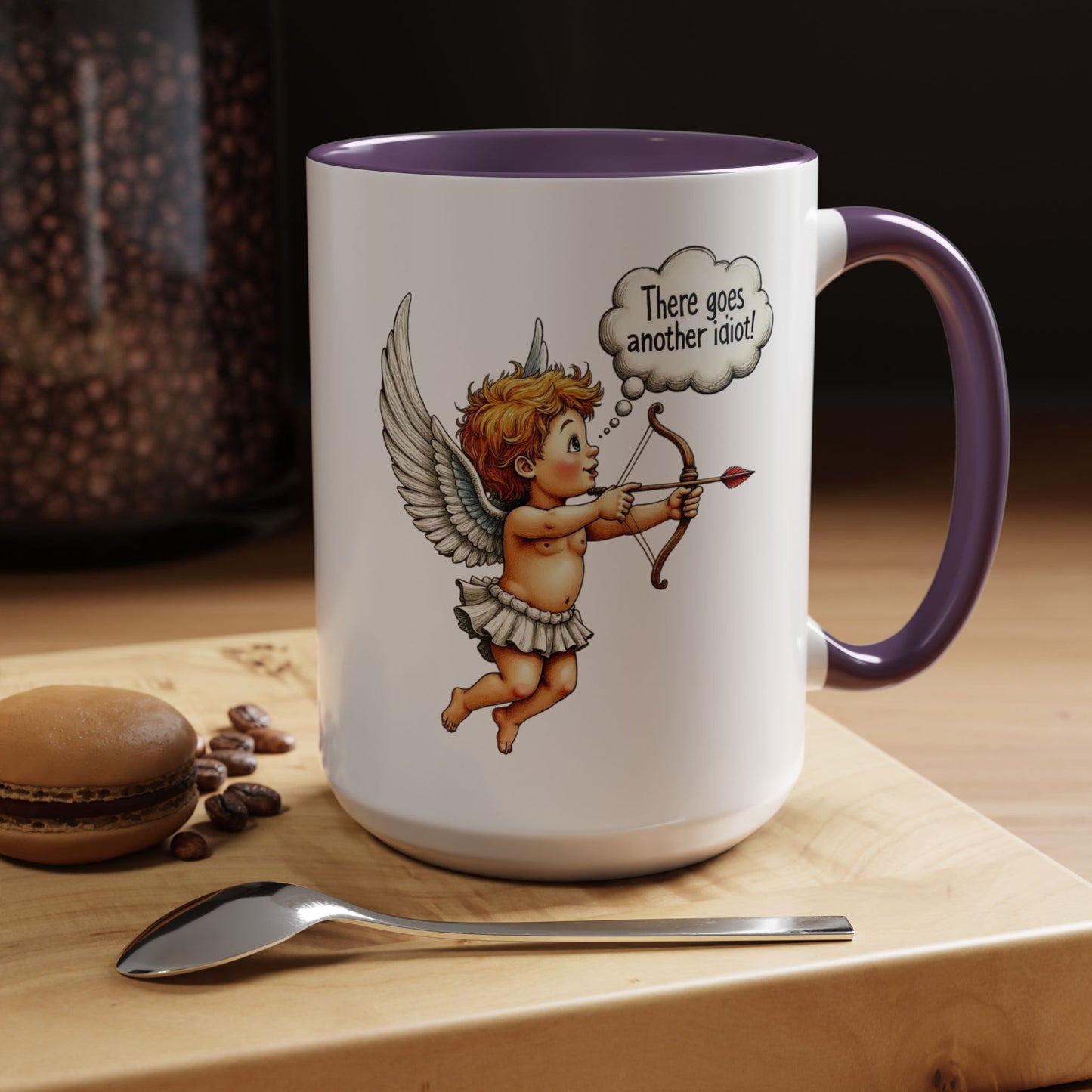 Cupid Coffee Mug — Vintage Cherub Saying "There goes another idiot!" Accent Mug