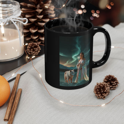 Taza negra de Mujer Mística y Lobo – Taza de café Aurora Fantasía (325 ml, 430 ml)