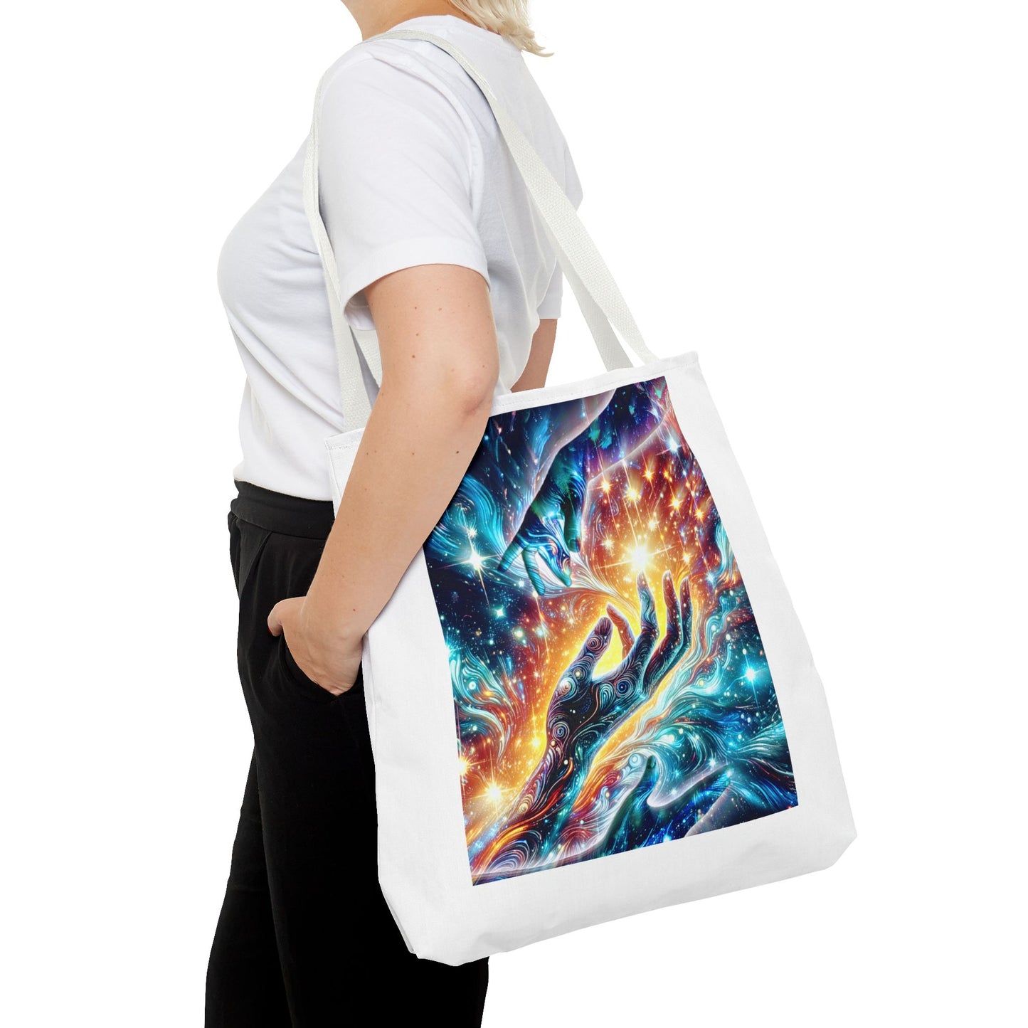 Cosmic Hands Tote Bag — Vibrant Galaxy Art Tote for Everyday, Beach & Gifts