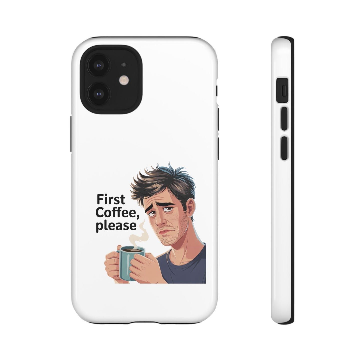 Funda para iPhone: "Primer café, por favor". Ilustración divertida del café de la mañana.