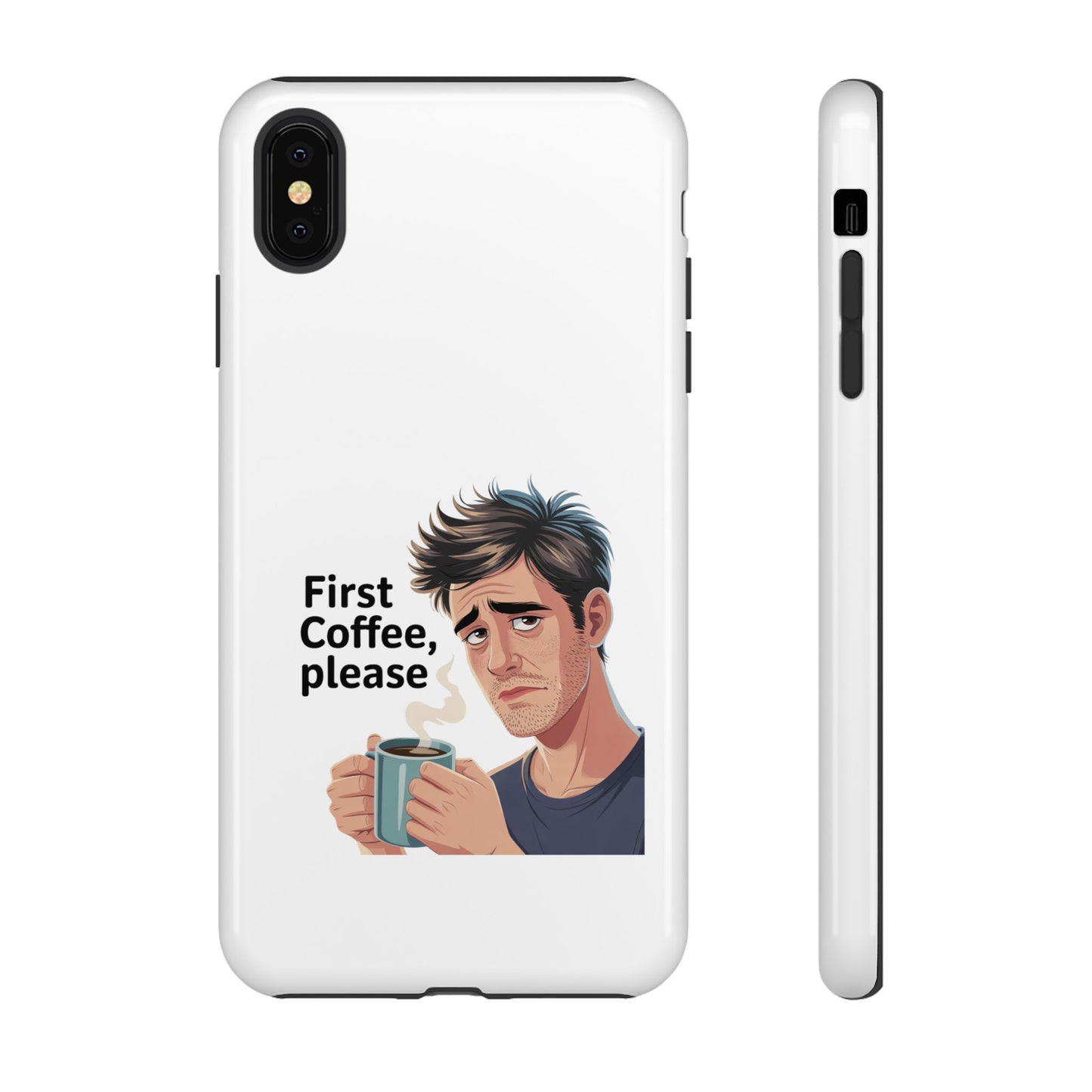 Funda para iPhone: "Primer café, por favor". Ilustración divertida del café de la mañana.