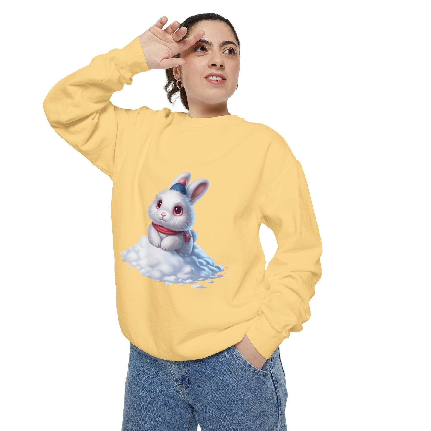 Cute Bunny Sweatshirt — White Bunny on Snow Graphic Crewneck