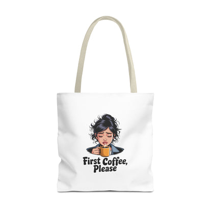 First Coffee Please Tote Bag — Cute Morning Coffee Lover Canvas Tote