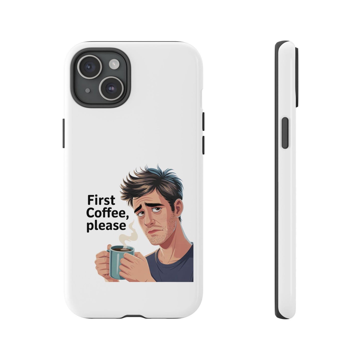 Funda para iPhone: "Primer café, por favor". Ilustración divertida del café de la mañana.