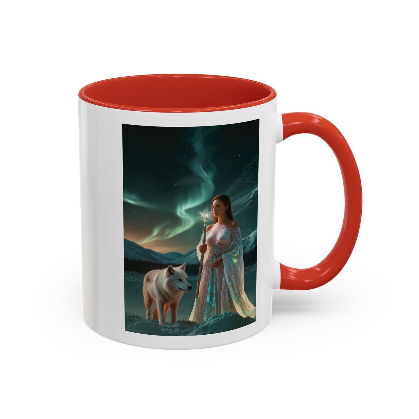 Taza de café Aurora Guardiana — Arte fantástico de mujer con lobo
