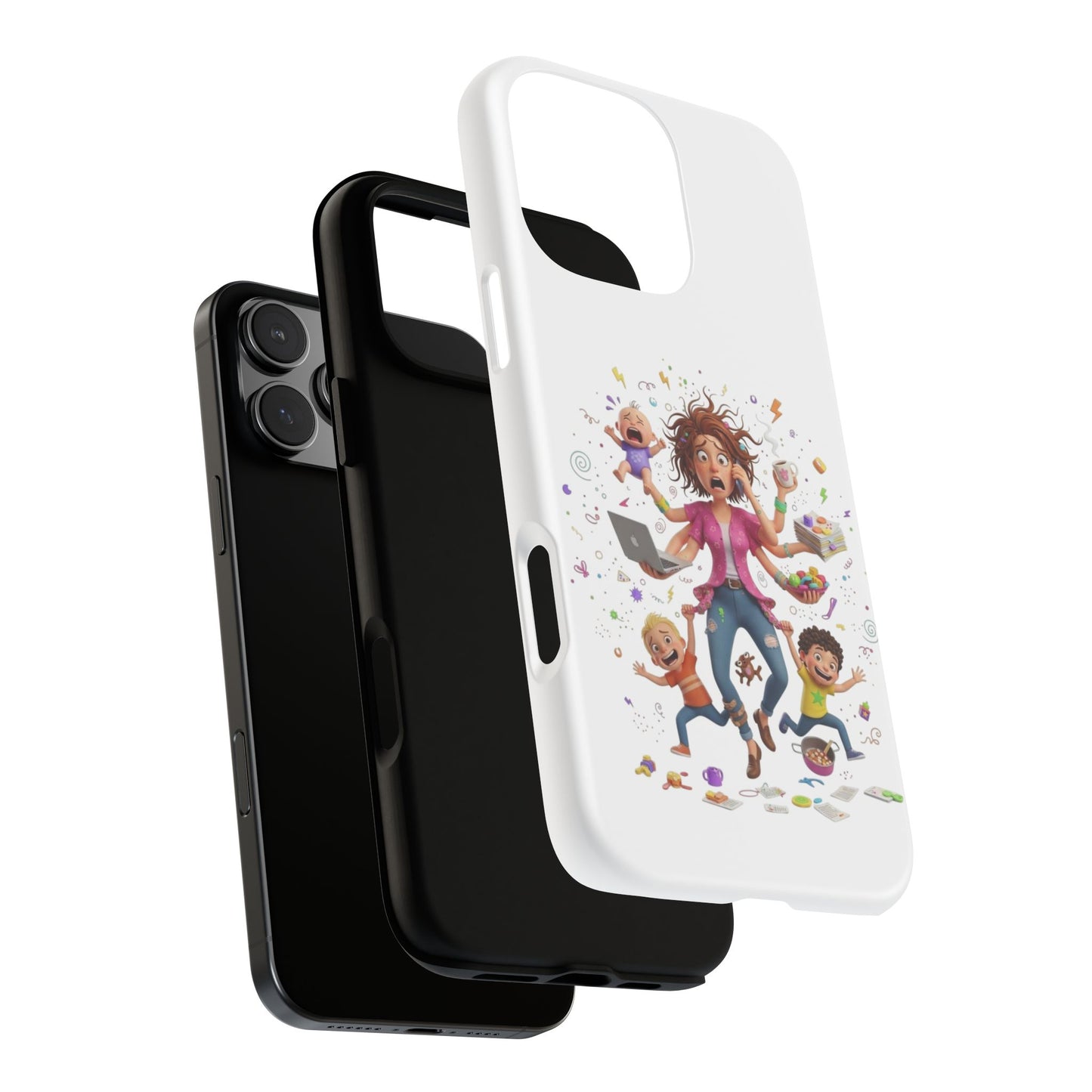 iPhone Phone Case — Hectic Mom Cartoon Design (Multitasking Mother, Kids & Chaos)