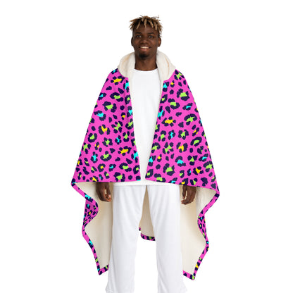 Hooded Sherpa Blanket — Pink Neon Leopard Print Cozy Throw