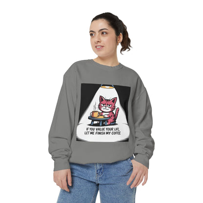 Lustiges Katzen-Sweatshirt – „Wenn dir dein Leben lieb ist, lass mich meinen Kaffee austrinken“ – Kuscheliger Pullover mit Grafikprint
