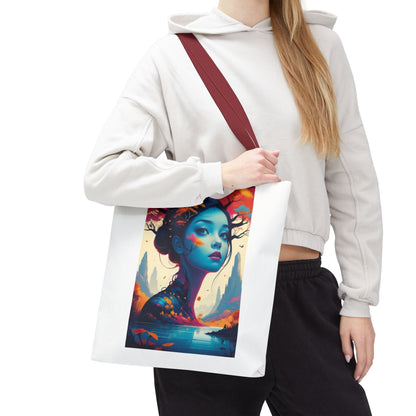 Artistic Blue Forest Maiden Tote Bag - Surreal Portrait All-Over Print
